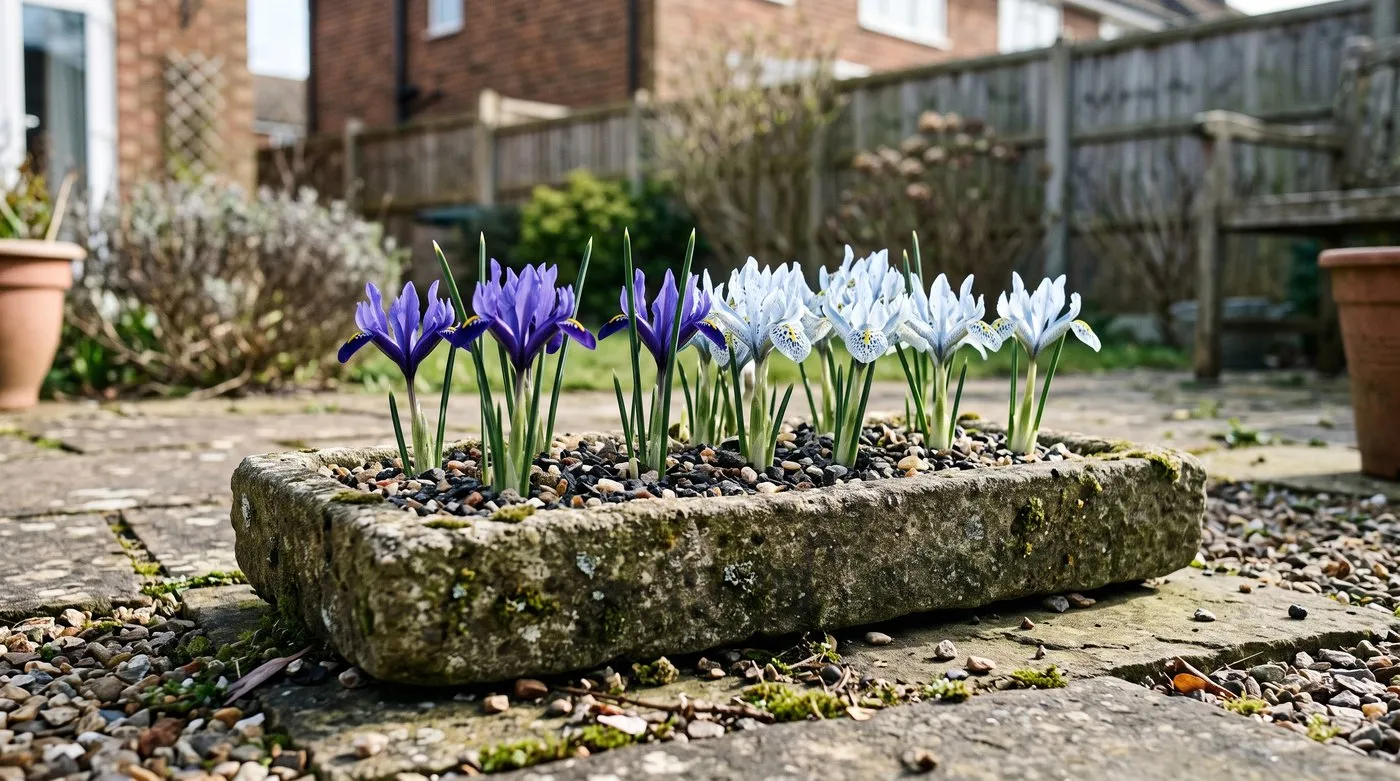 Blue and pale blue Iris reticulata flowering in a gritty stone trough on a sunny patio in March
