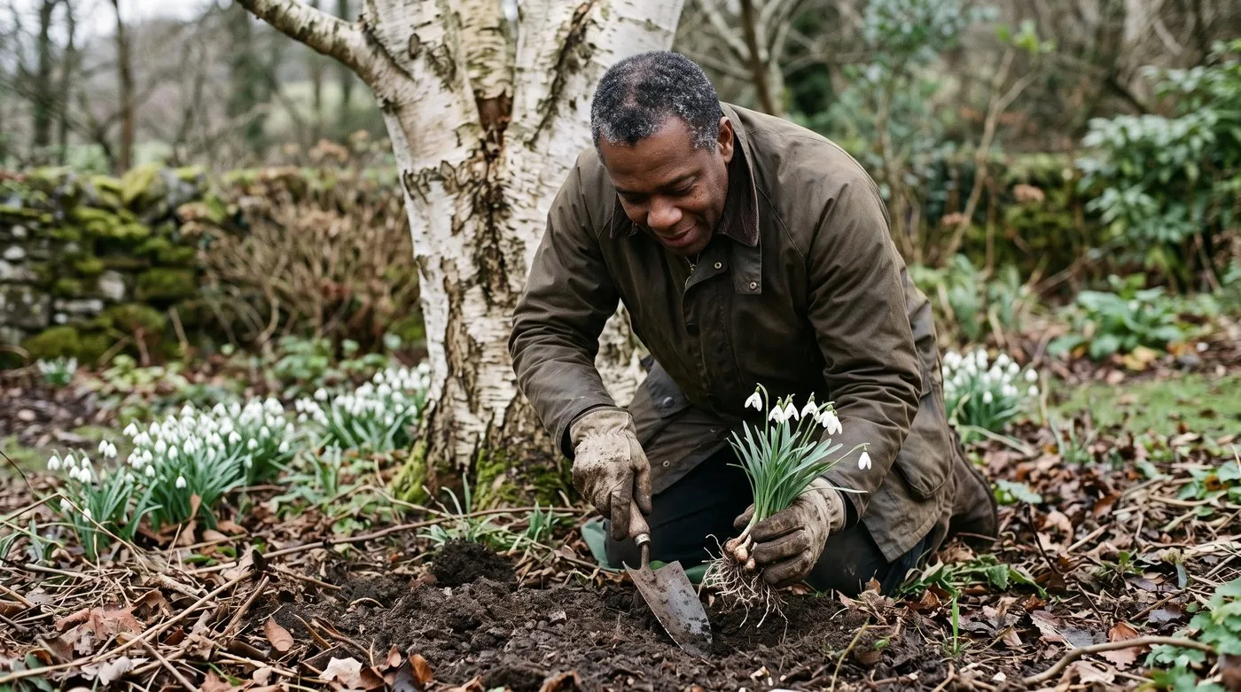Man planting a clump of snowdrops in the green under a bare birch tree in February