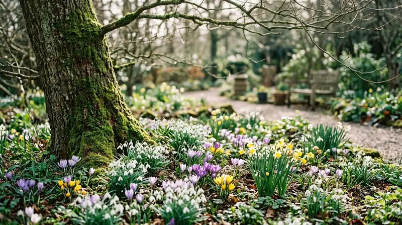 Best spring flowers in a UK garden border featuring tulips, daffodils, and cherry blossom in full bloom