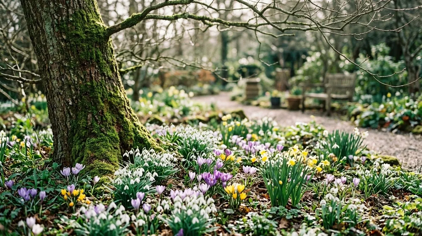 Best spring flowers in a UK garden border featuring tulips, daffodils, and cherry blossom in full bloom
