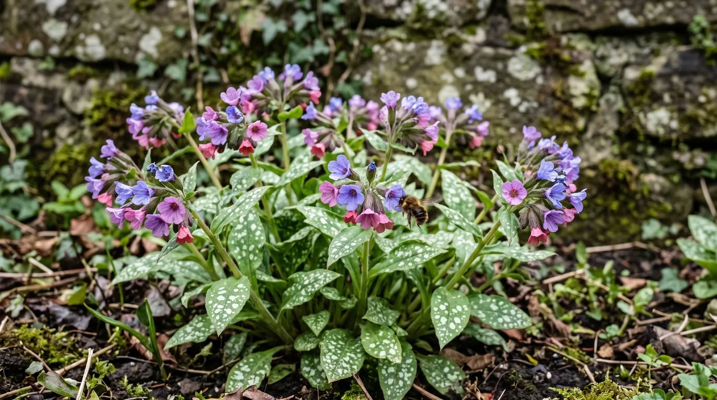 Hairy-footed flower bee visiting pink and blue lungwort flowers with spotted leaves in a shady border