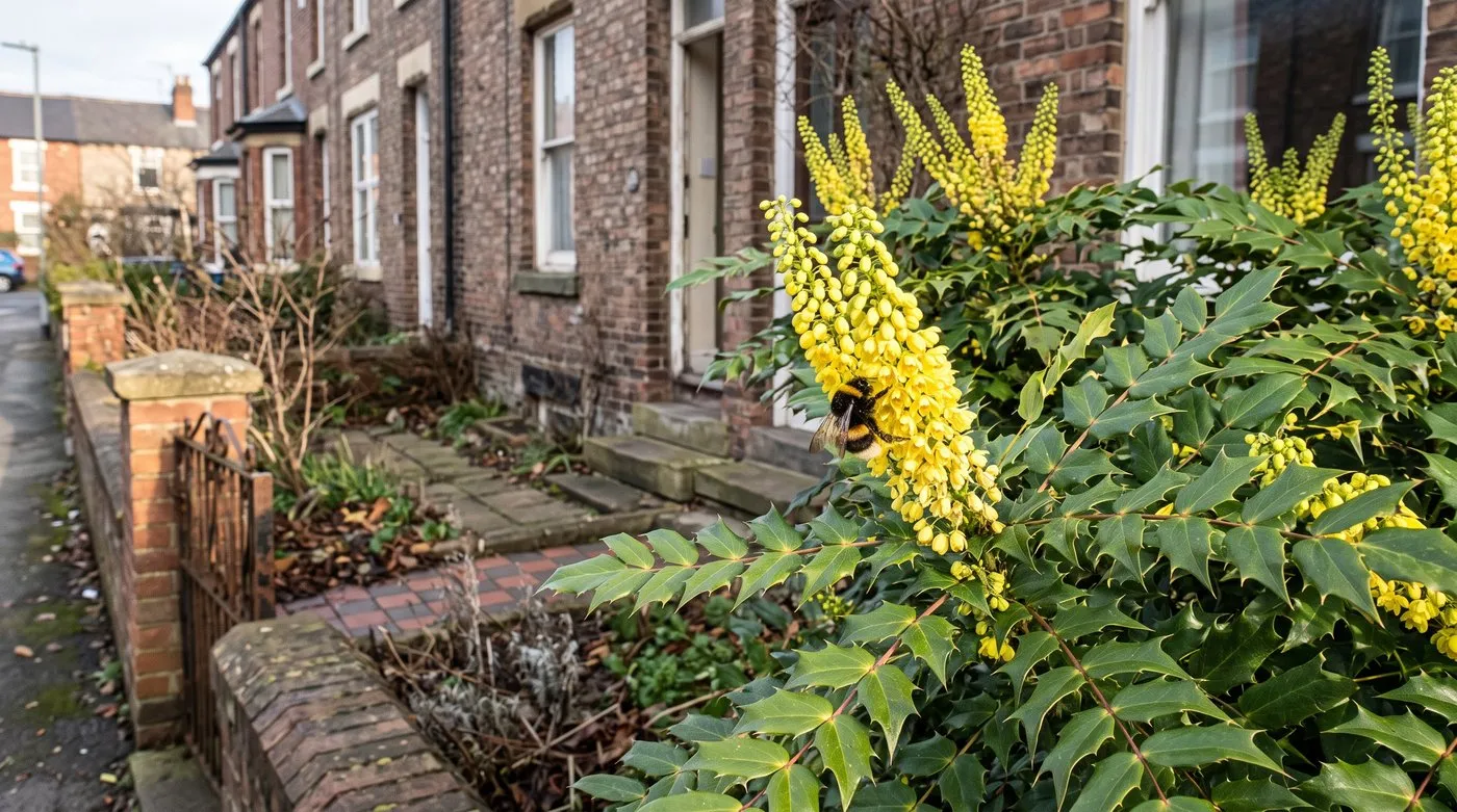 Buff-tailed bumblebee queen feeding on the yellow flower spikes of Mahonia 'Charity' in a front garden