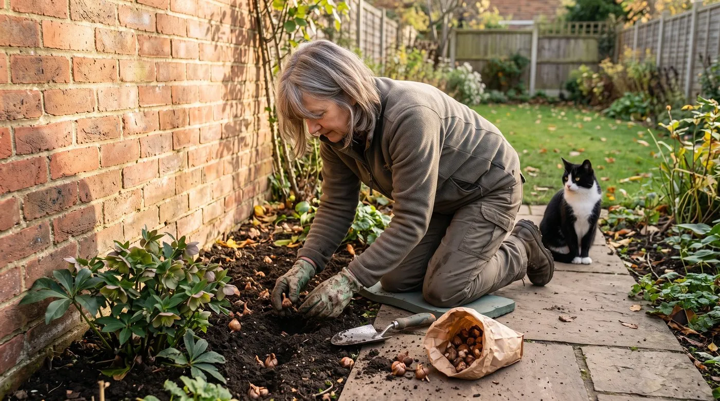 Gardener planting crocus corms in a drift at the foot of a sunny brick wall while a cat watches