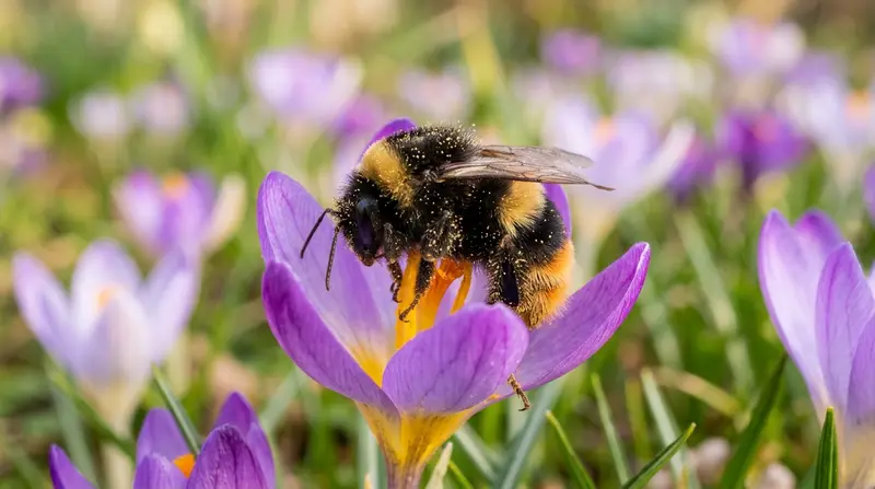 Queen buff-tailed bumblebee Bombus terrestris foraging on a purple Crocus tommasinianus flower in a UK garden in early March