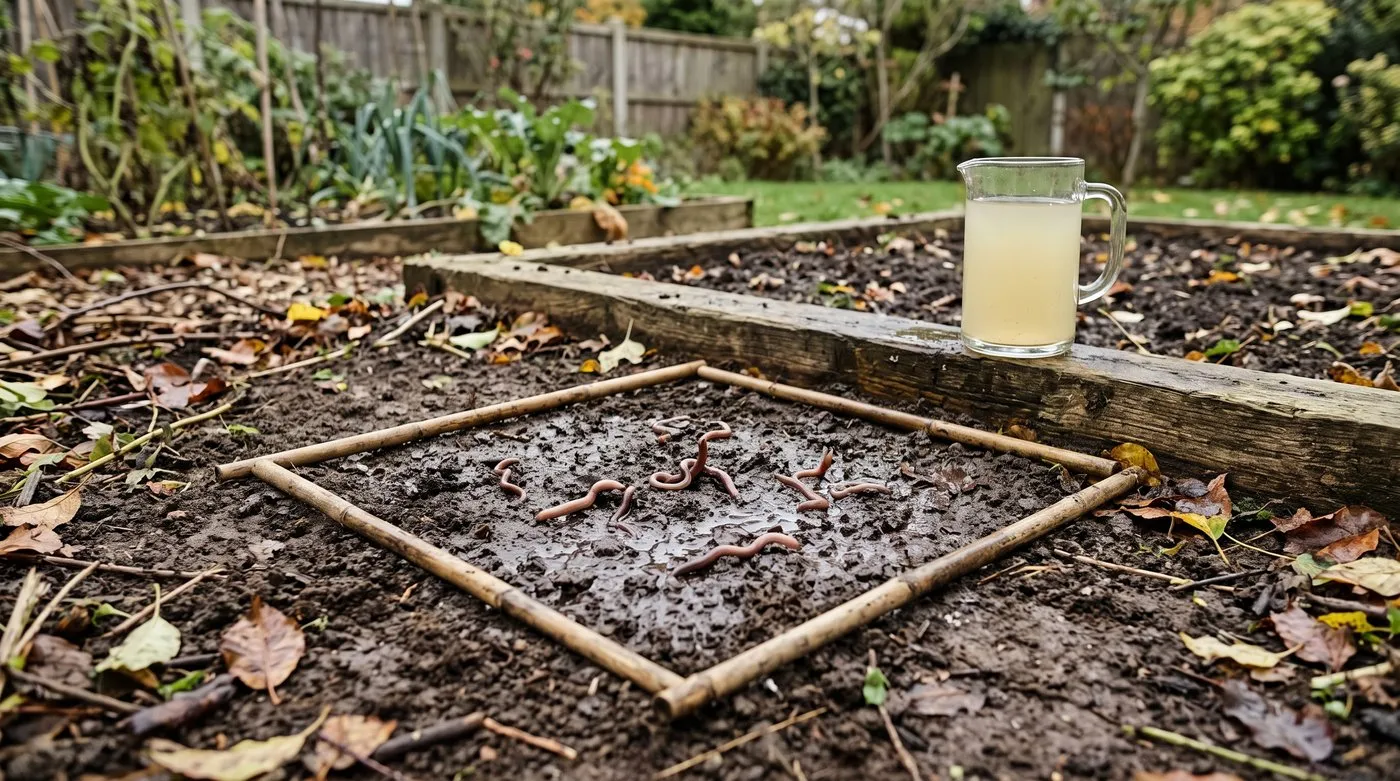 Earthworms rising to the surface of a marked soil square during a mustard water worm count