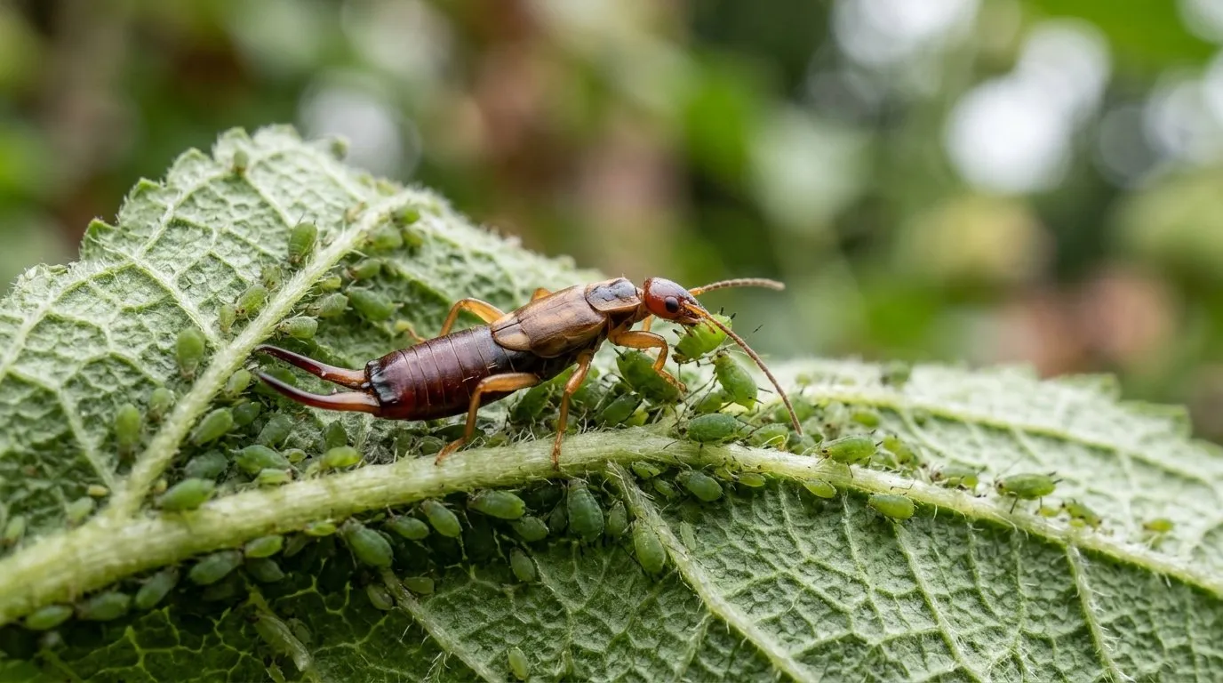 Macro photograph of an earwig hunting among a colony of green aphids on the underside of a UK garden leaf at night