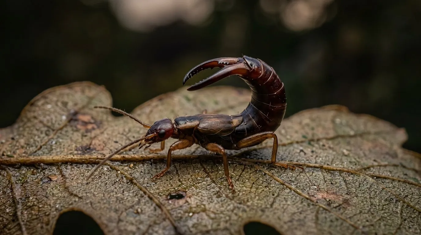 Macro close-up of a common earwig showing its curved cerci pincers in defensive posture on an oak leaf at dusk in a UK garden