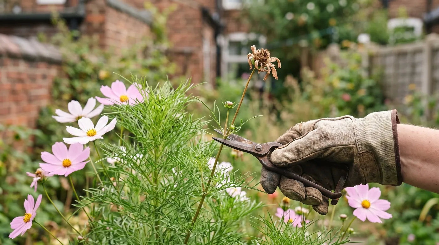Gloved hand deadheading a faded cosmos flower back to the next bud in a summer border