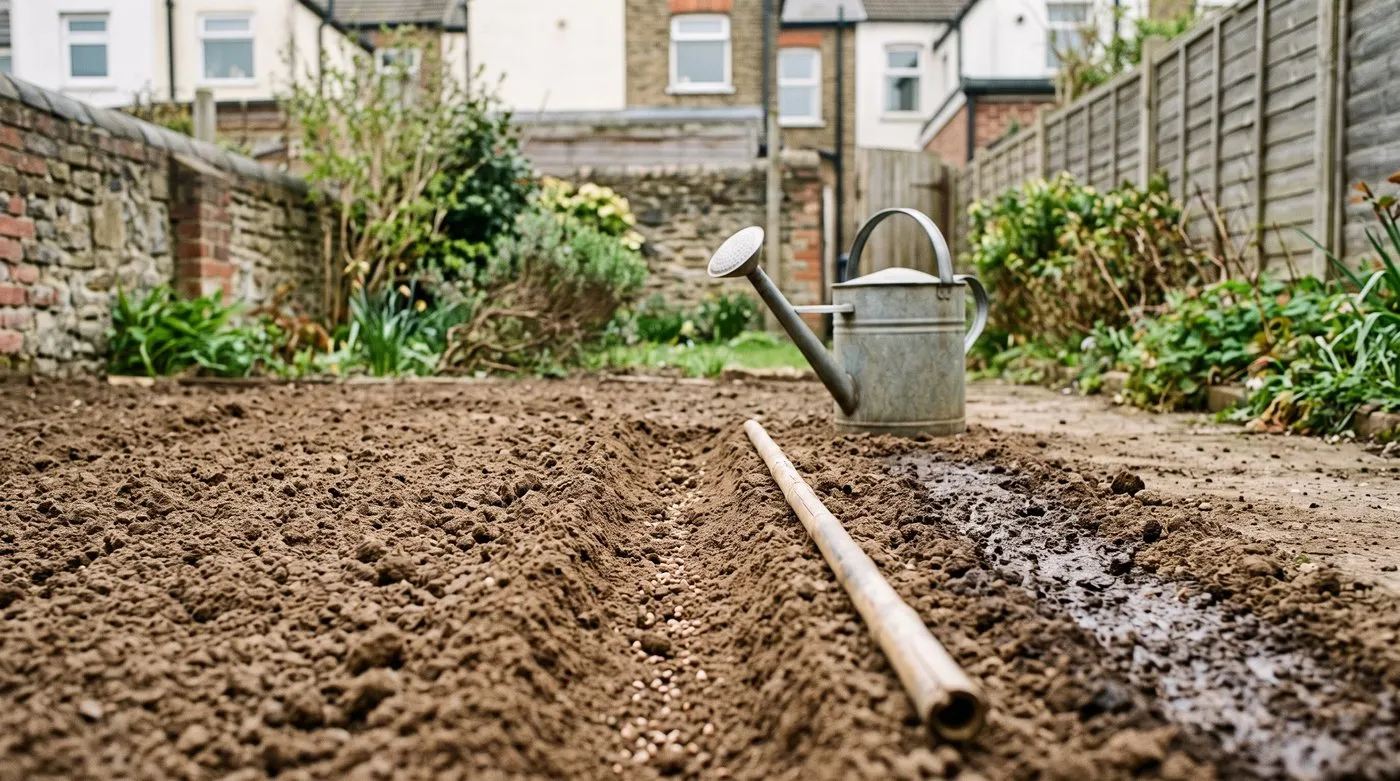 Shallow seed drill made with a cane in finely raked soil with flower seeds sown thinly along it