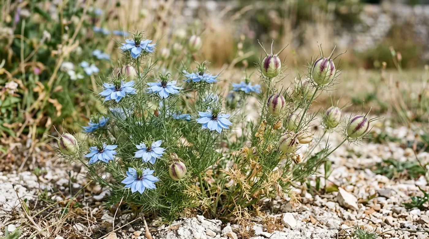 Blue nigella flowers grown from seed beside puffy purple-striped seed pods in a sunny border