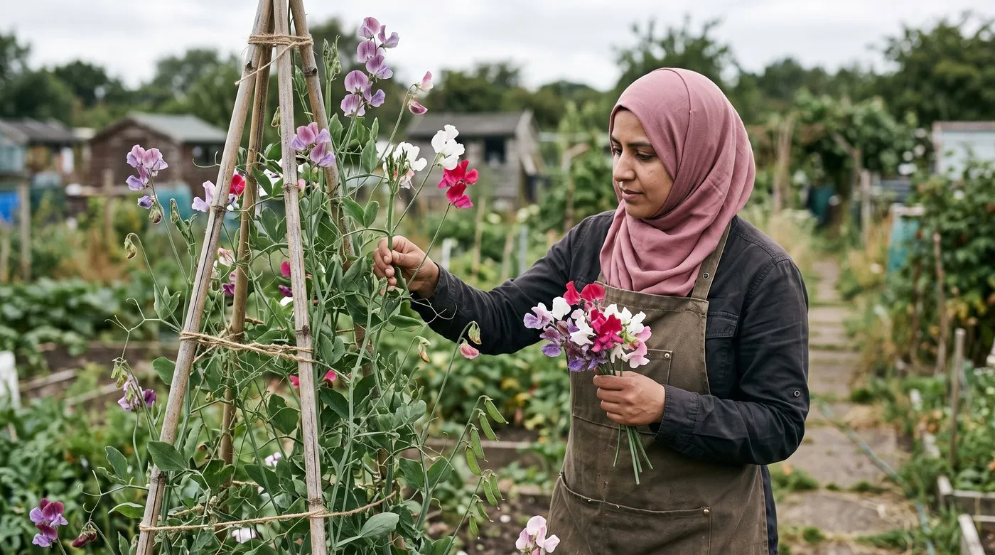 Woman in a hijab picking sweet peas grown from seed on a cane wigwam at an allotment