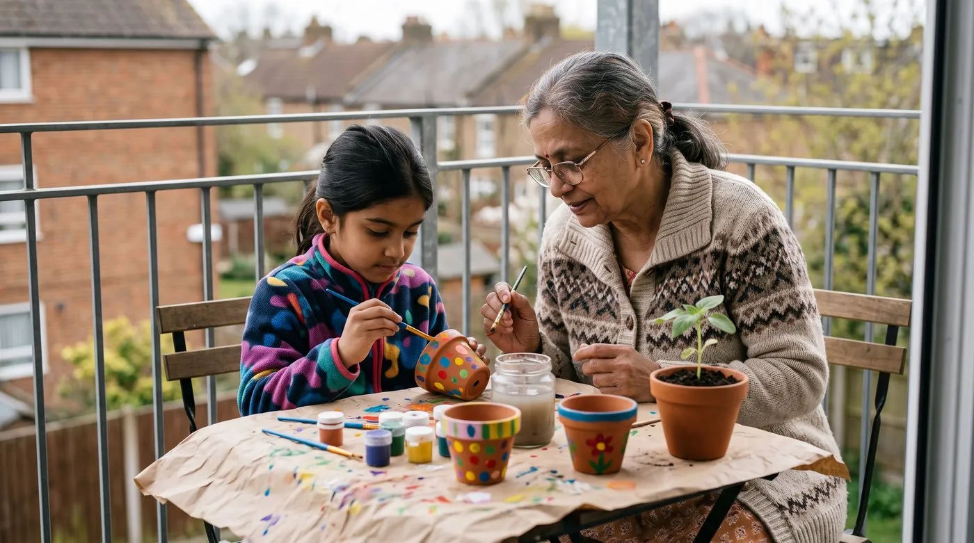 Grandmother and granddaughter painting terracotta plant pots on a balcony as an Easter garden activity