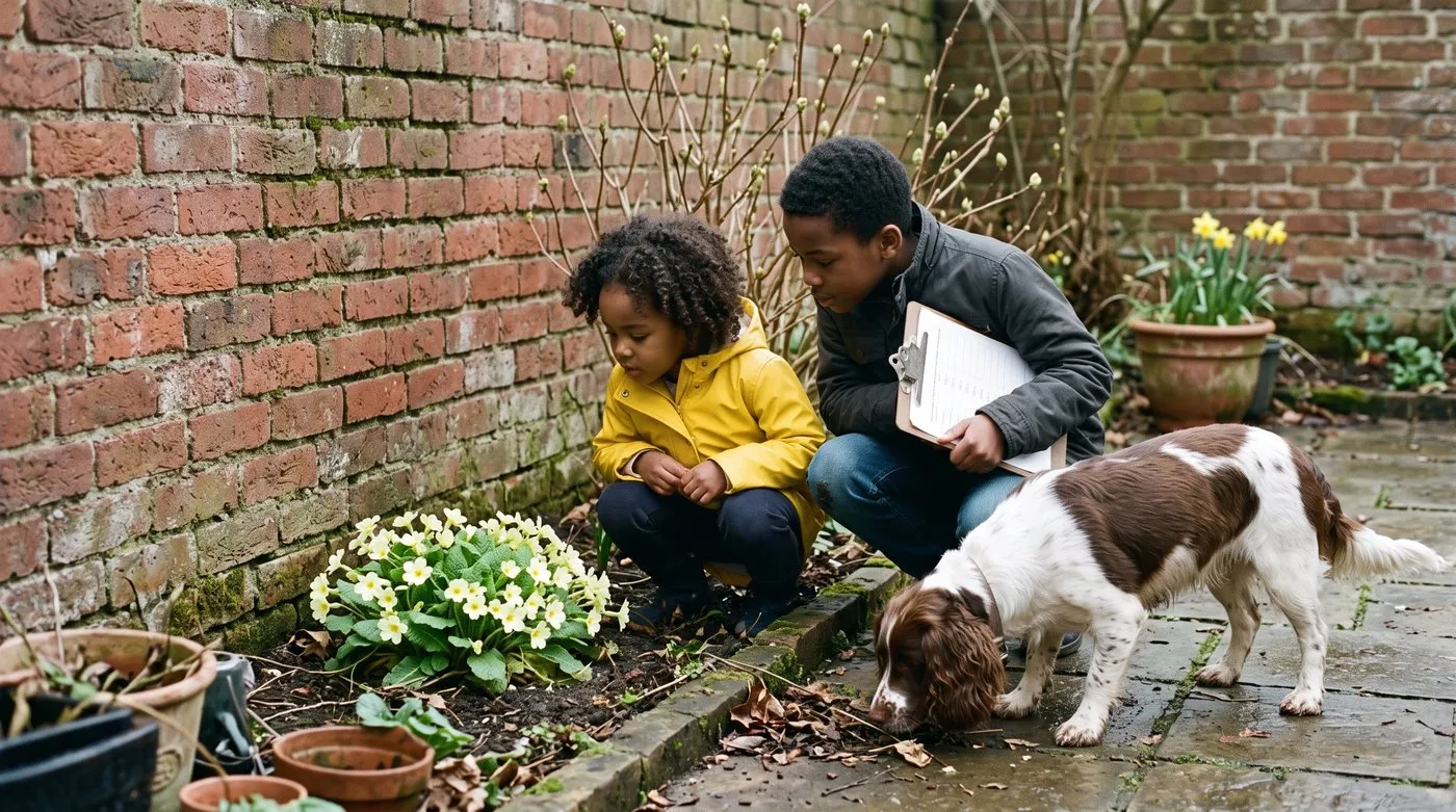 Two children on a nature scavenger hunt looking at primroses in a courtyard garden with their spaniel