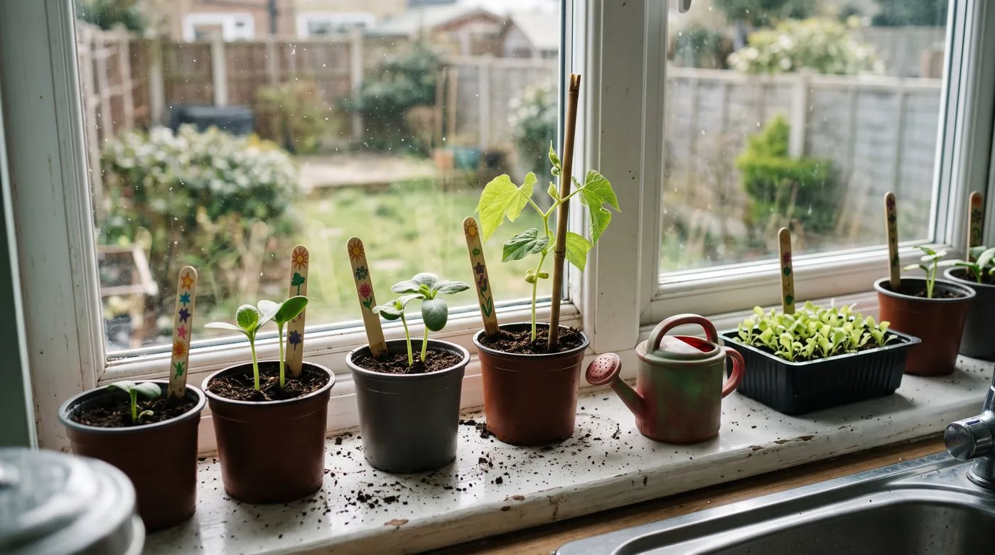 Easter garden activity pots of sunflower, runner bean and lettuce seedlings with decorated sticks on a windowsill