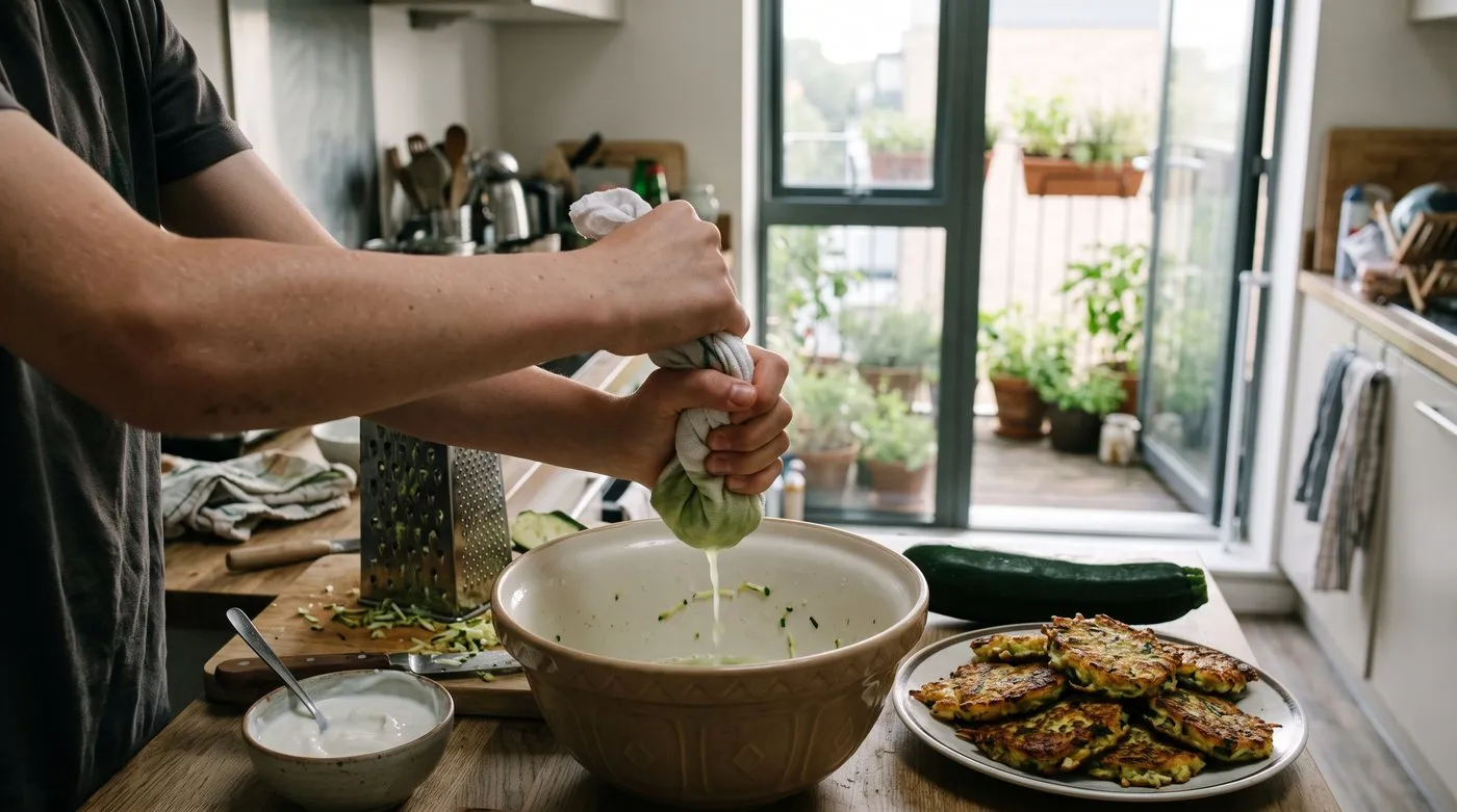 Hands squeezing grated courgette in a tea towel beside a plate of golden courgette fritters