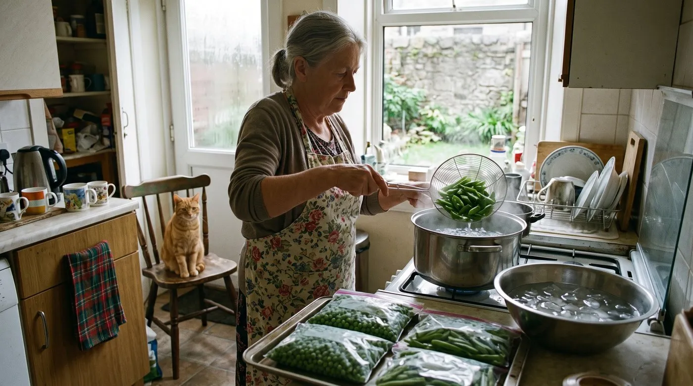 Blanched green beans lifted from boiling water, with iced water and bags of peas and beans ready for the freezer