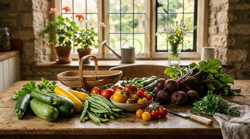 Freshly harvested home-grown vegetables including courgettes, tomatoes