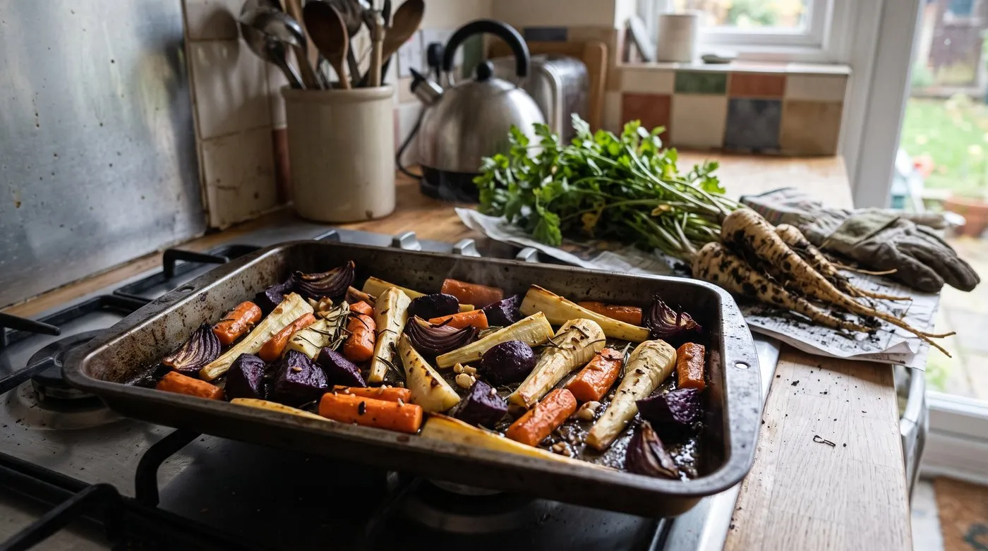Tray of roasted parsnips, carrots, red onion and beetroot with rosemary in a single layer