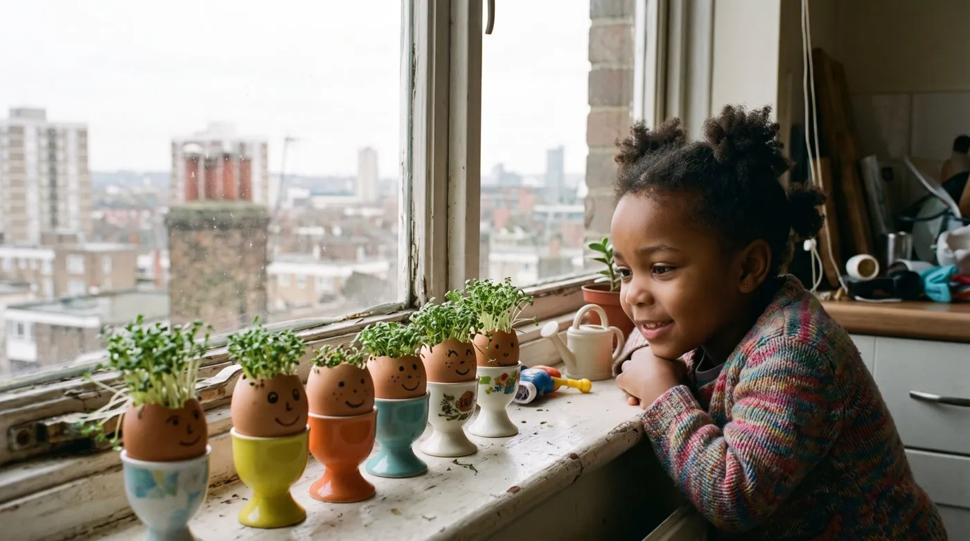 Eggshell cress heads with drawn faces and green cress hair on a kitchen windowsill