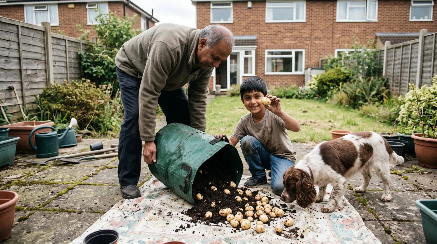 Boy and grandfather tipping out a potato bag full of new potatoes onto a sheet with a dog nearby
