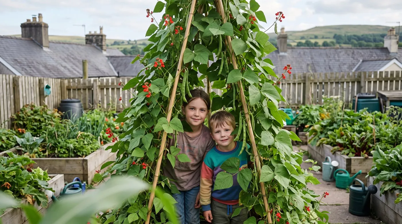 Two children peeping out of a runner bean wigwam covered in leaves and red flowers