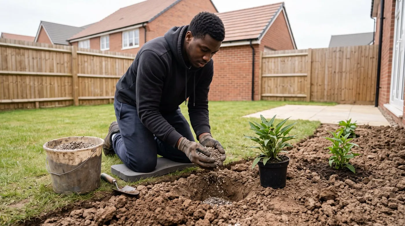 Young man mixing grit into a clay planting hole before planting a young echinacea