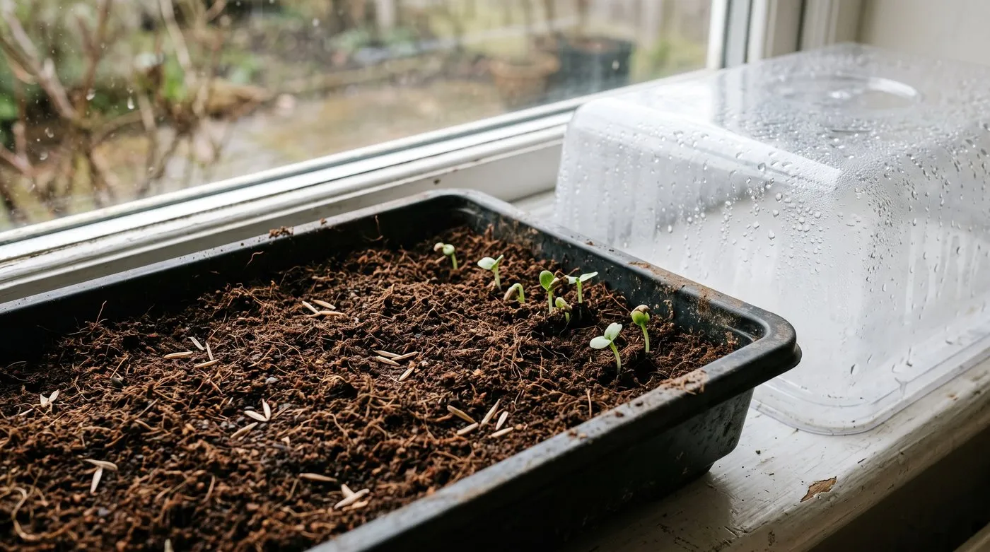 Echinacea seeds pressed onto the surface of seed compost with the first tiny seedlings coming up