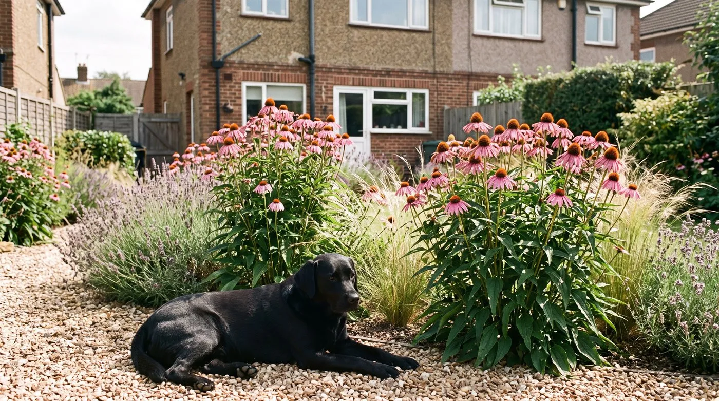 Pink echinacea flowering in a sunny gravel border with lavender and grasses, a black Labrador on the path