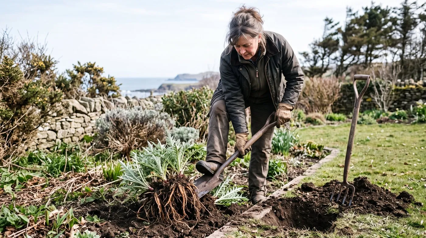 Gloved gardener splitting a lifted echinops clump with a spade, showing new spiky leaves and deep roots