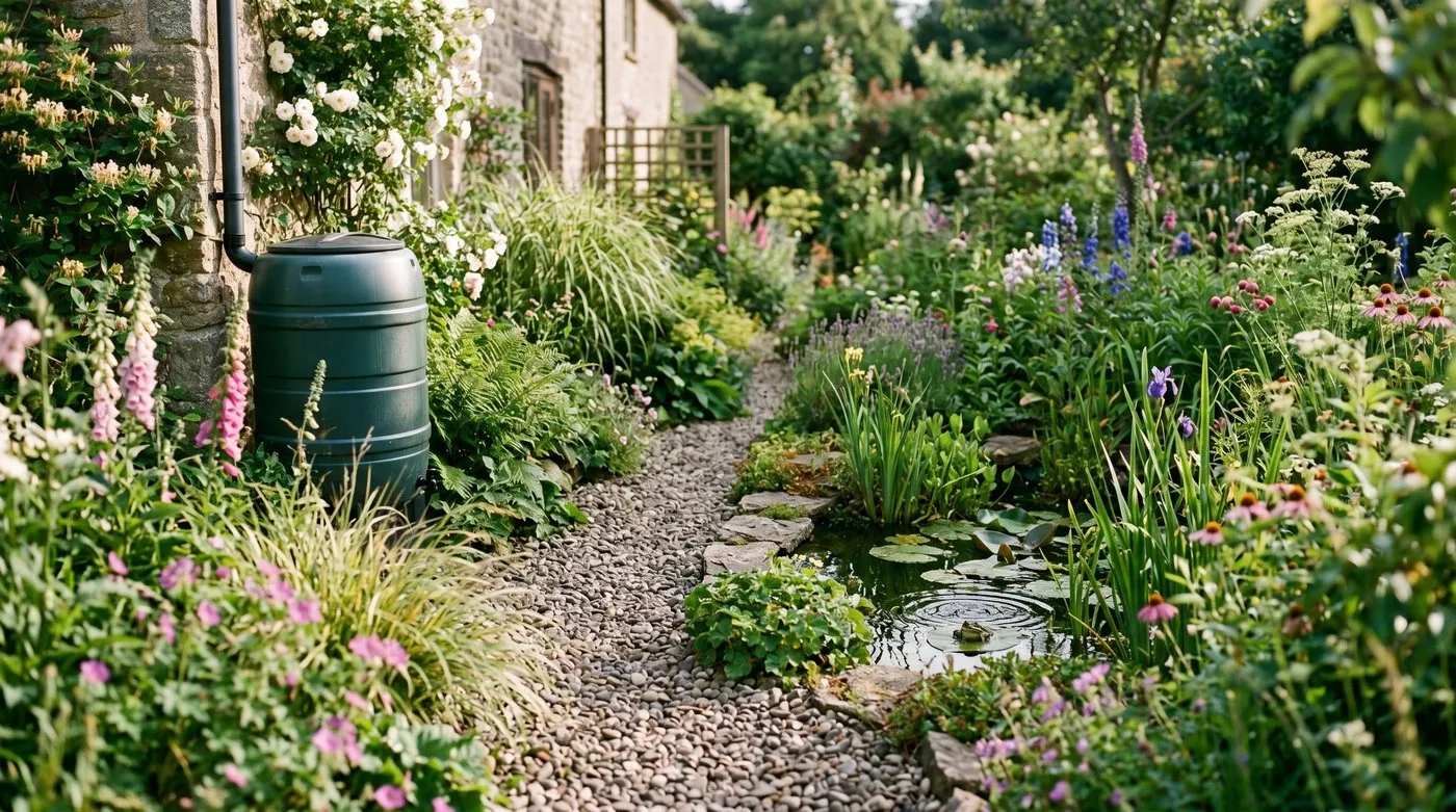 A lush eco-friendly UK garden with naturalistic planting, gravel paths and a water butt