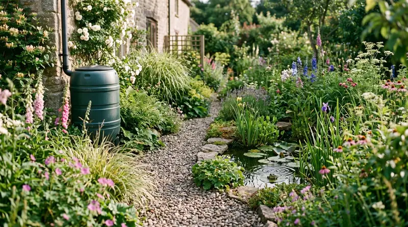 A lush eco-friendly UK garden with naturalistic planting, gravel paths and a water butt