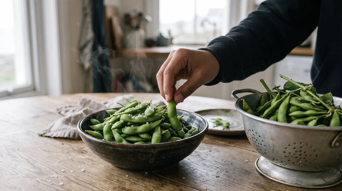 Bowl of steamed edamame pods sprinkled with salt beside a colander of freshly picked pods