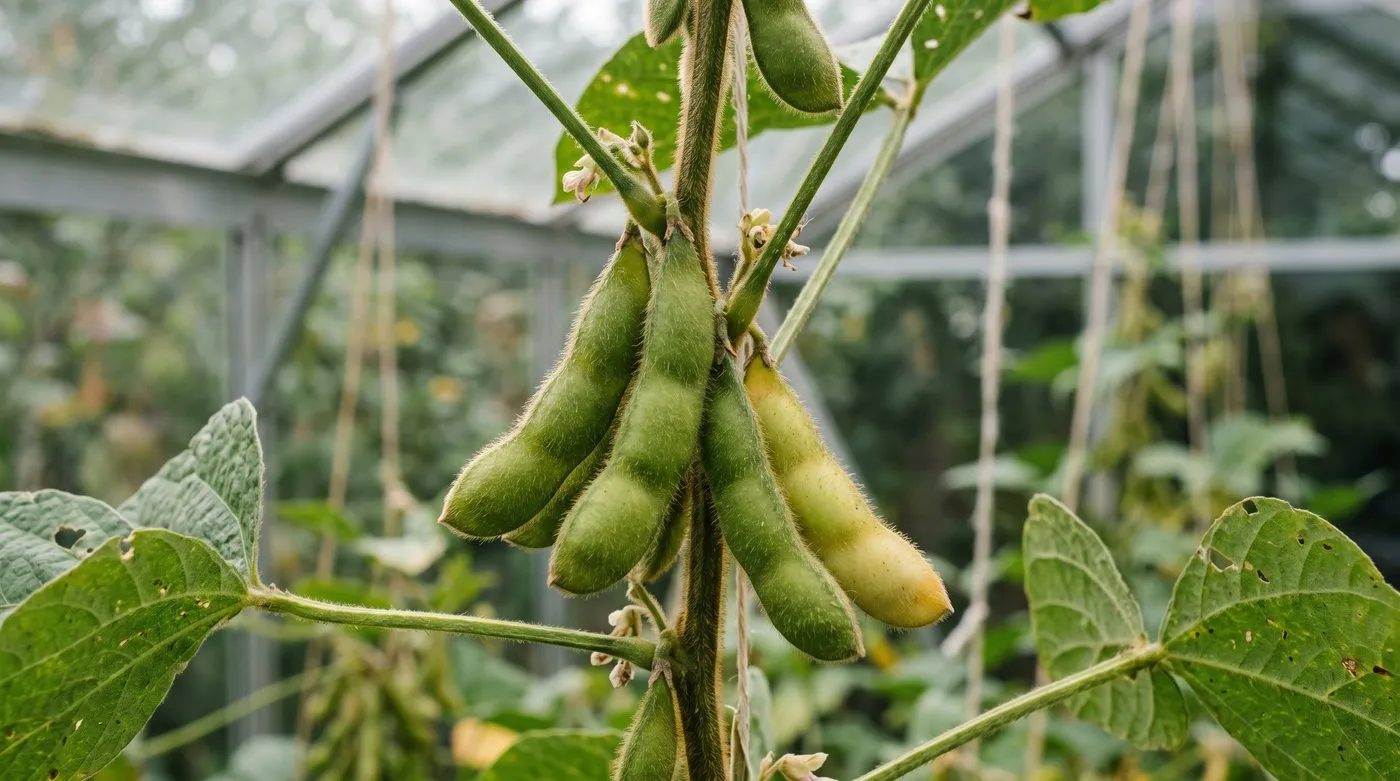 Plump fuzzy green edamame pods ready to pick on a soya bean plant