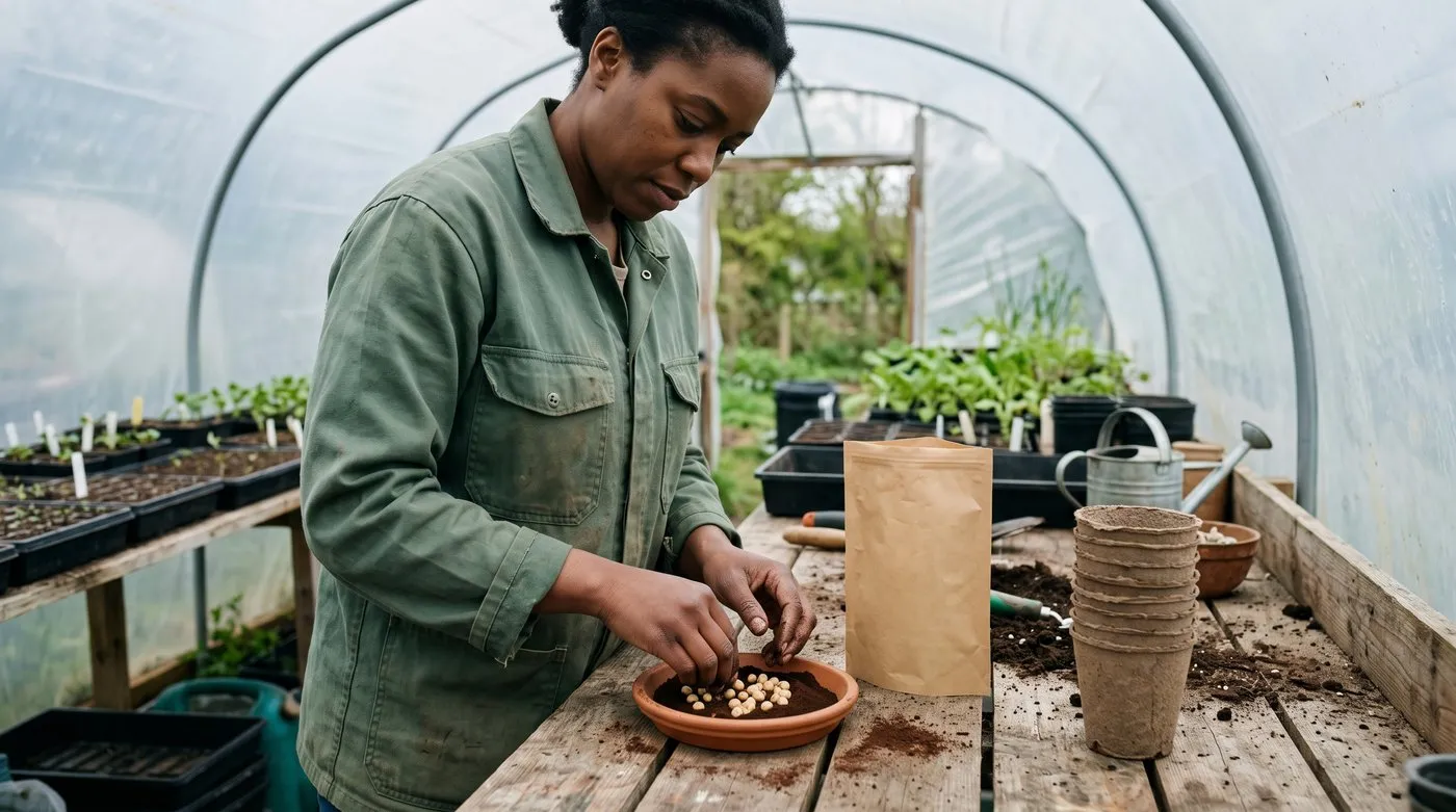 Gardener coating soya bean seeds in brown inoculant powder in a shallow dish