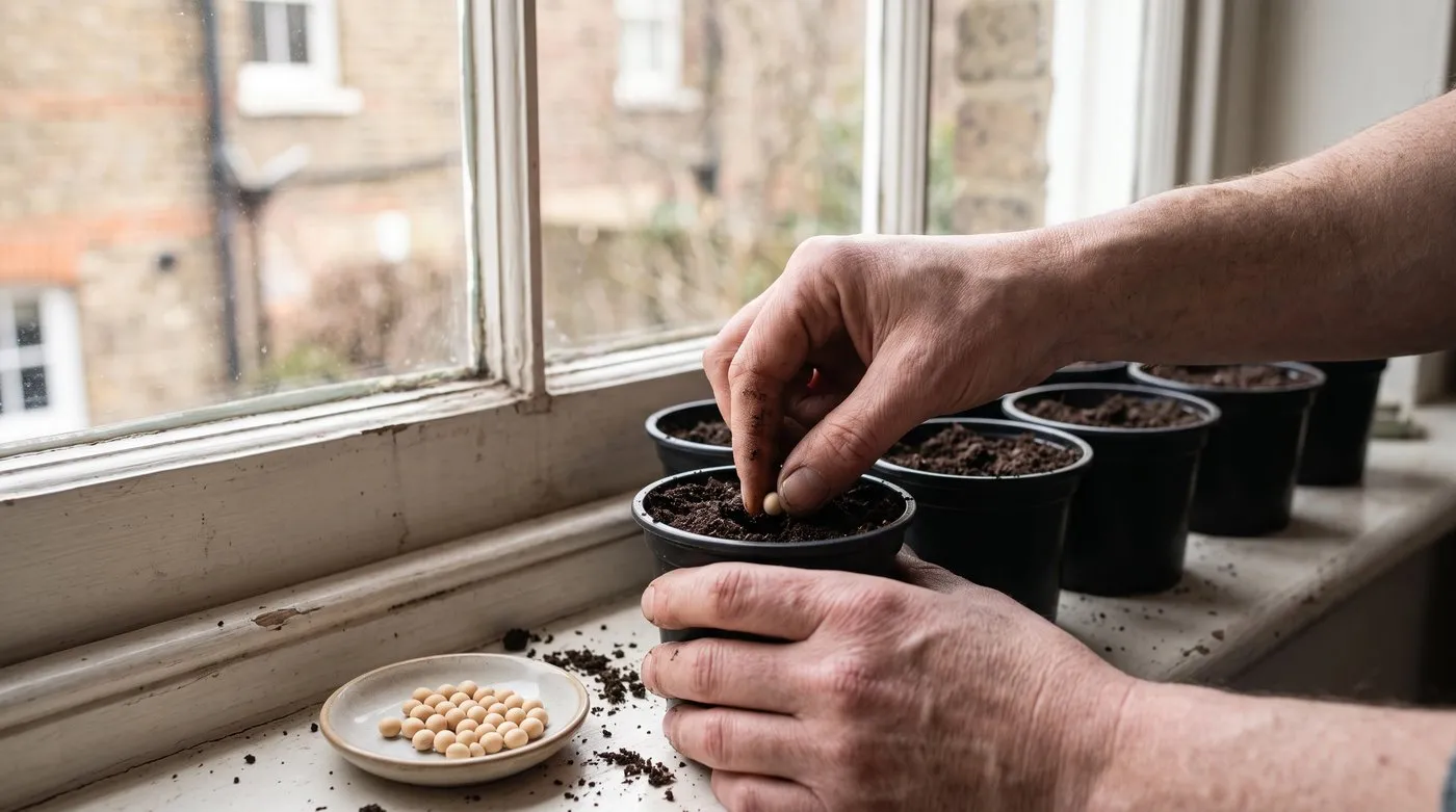 Hands sowing a round soya bean seed into a 9cm pot of compost on a windowsill