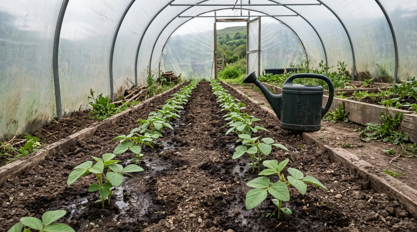 Young edamame plants spaced in rows in a polytunnel bed after planting out