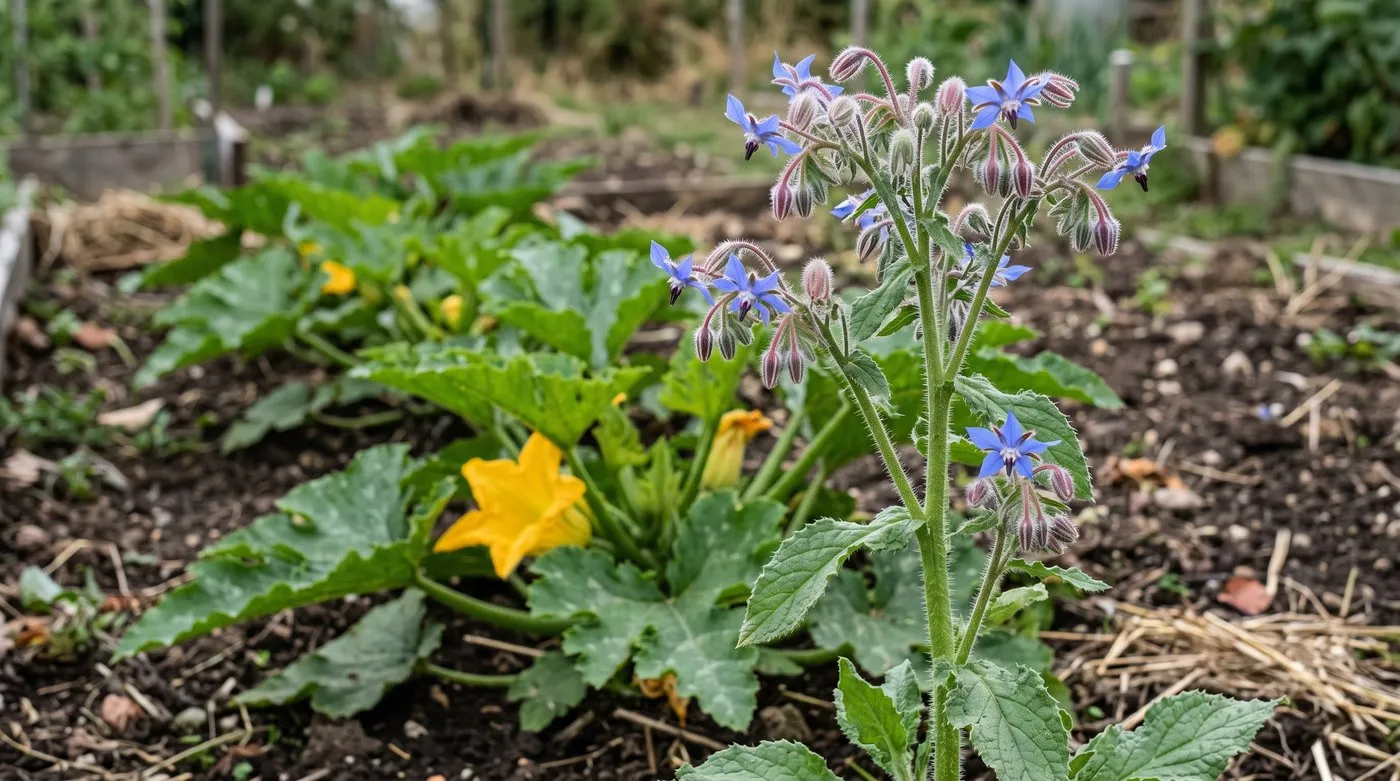 Edible borage with starry blue flowers growing beside courgettes on an allotment