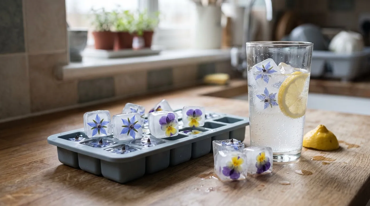 Ice cubes with borage and viola edible flowers frozen inside, some in a glass of lemonade