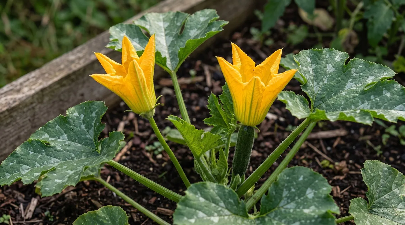 Male courgette flower on a thin stalk beside a female flower on a baby courgette