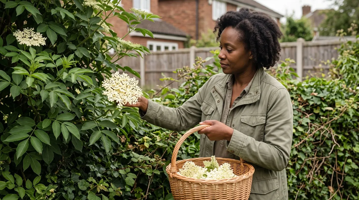 Woman picking creamy elderflower heads into a basket from an elder at the edge of her garden