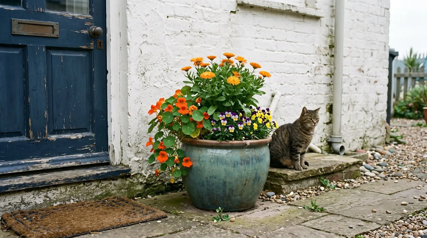 Edible flowers in one big pot by a back door: nasturtium, calendula and violas, with a tabby cat