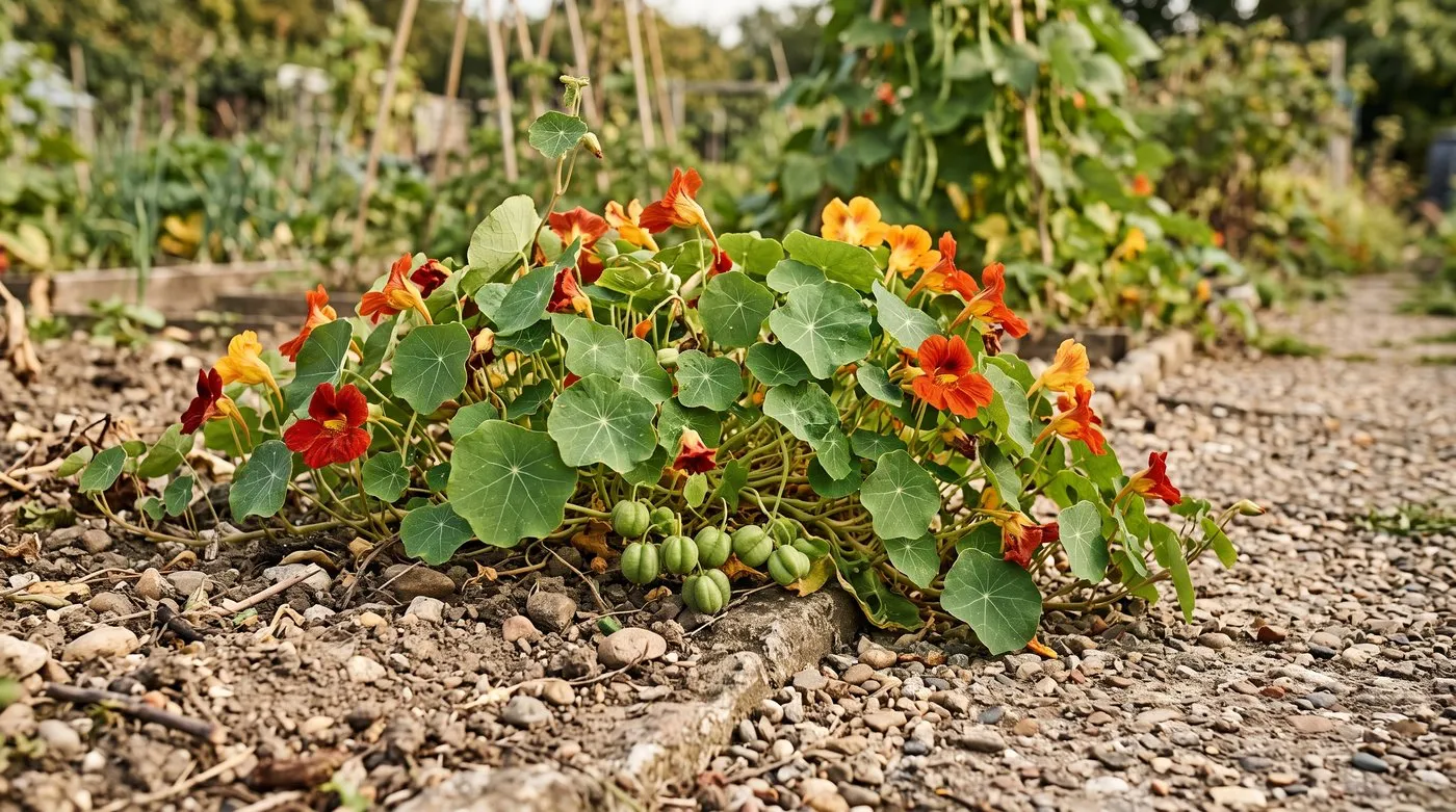 Edible nasturtium flowers, round leaves and green seed pods spilling over a gravel path