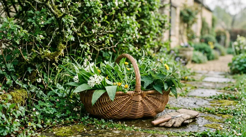 Wicker foraging basket of edible garden weeds including dandelion wild garlic and nettle beside a UK cottage hedge