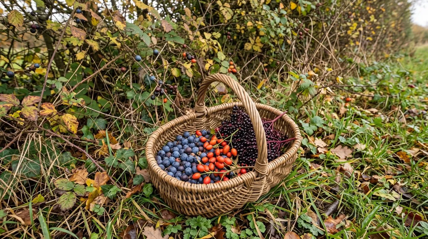 A basket of sloes, rosehips and elderberries foraged from an autumn hedgerow