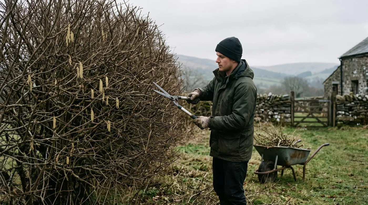 Man trimming an edible hedgerow with shears in late winter, shaping it wider at the base