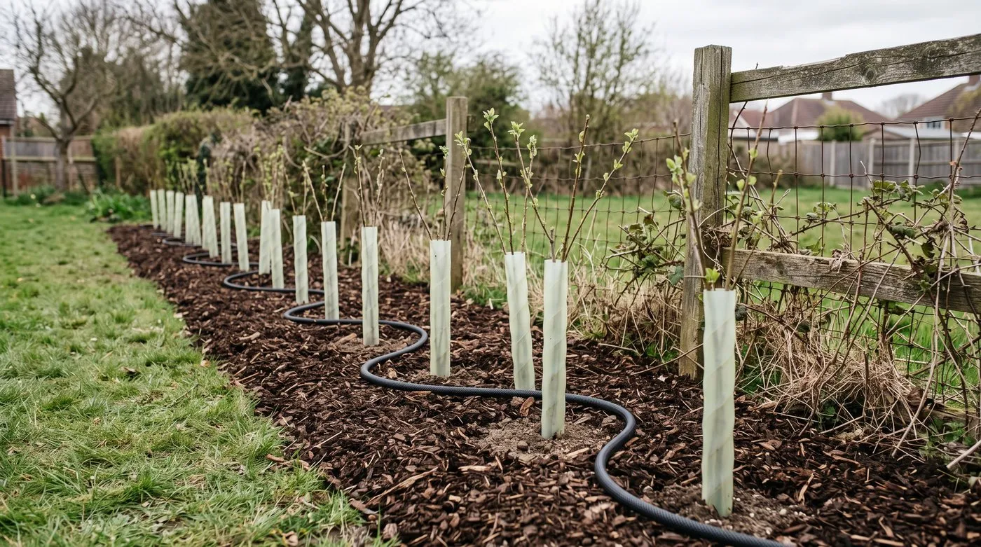 Young edible hedgerow whips in spiral rabbit guards with bark mulch and a leaky hose in spring