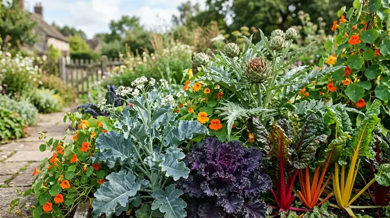 Mixed UK border with edimentals - silver sea kale, purple ornamental kale, rainbow chard, globe artichokes