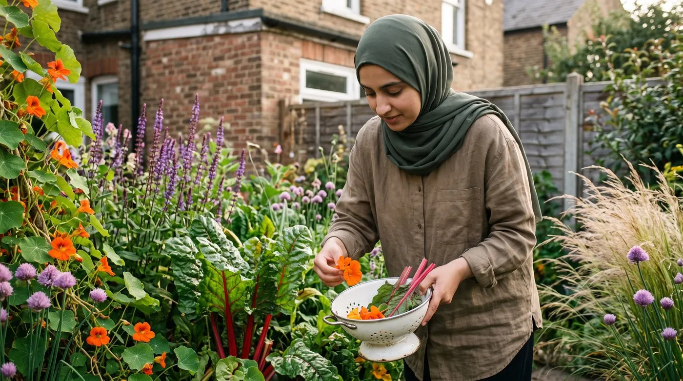 Woman picking nasturtium flowers and rainbow chard leaves into a colander from a mixed flower border