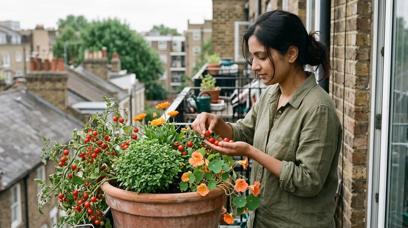 Woman picking cherry tomatoes from a terracotta pot with basil, calendula and nasturtiums on a city balcony
