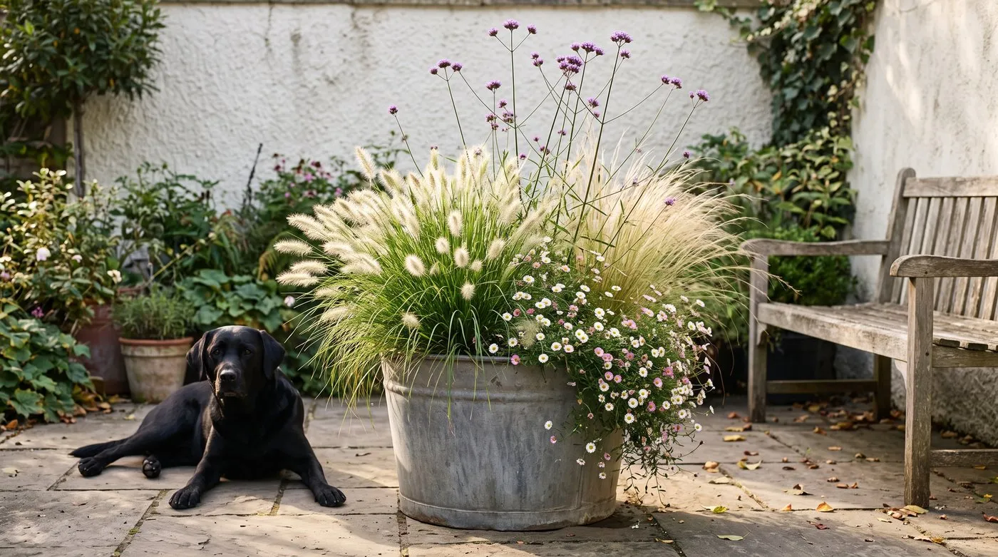 Zinc planter of fountain grass, Verbena bonariensis and Mexican daisy in a courtyard, with a black Labrador lying beside it
